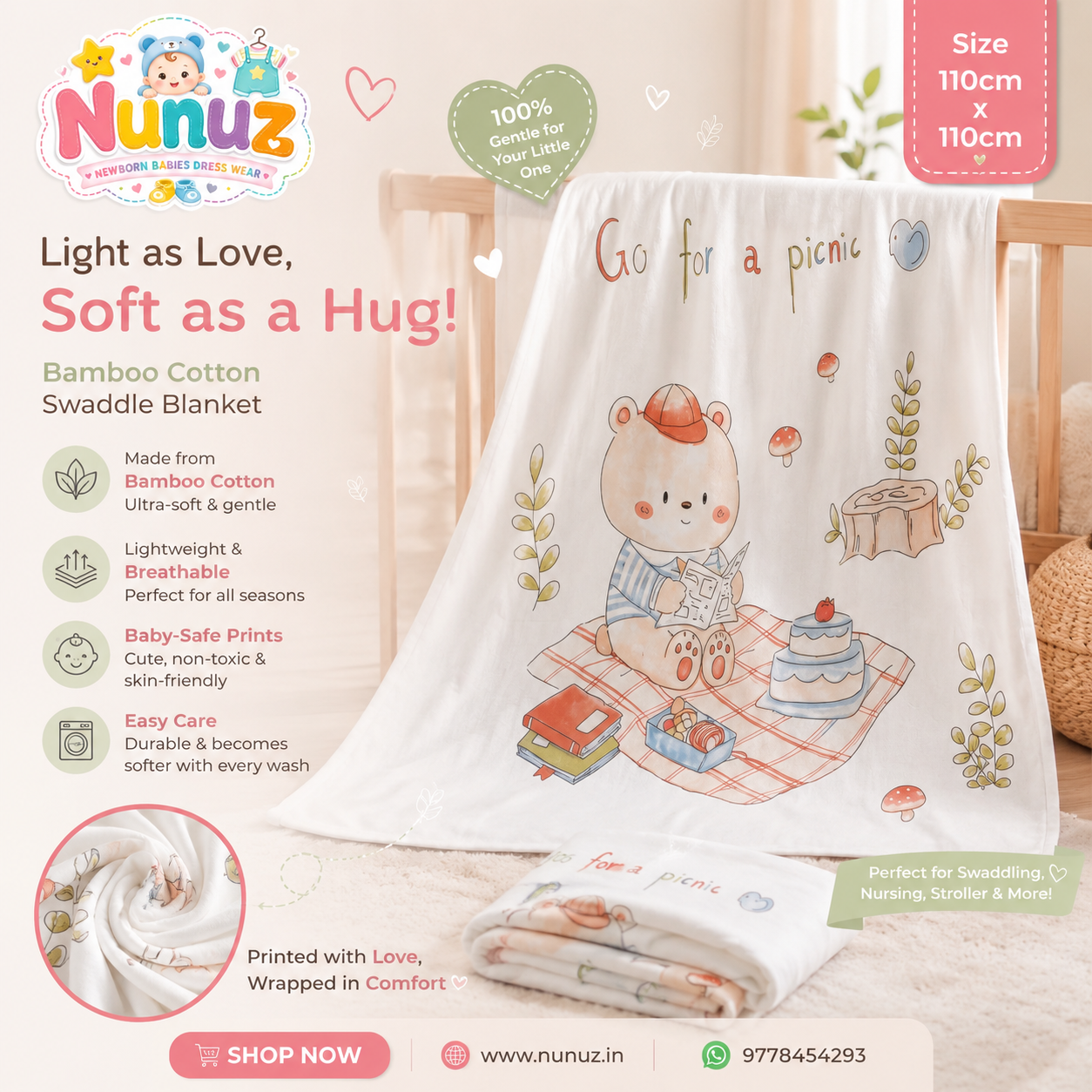 Super Soft Bamboo Cotton Muslin Swaddle Blankets for Babies