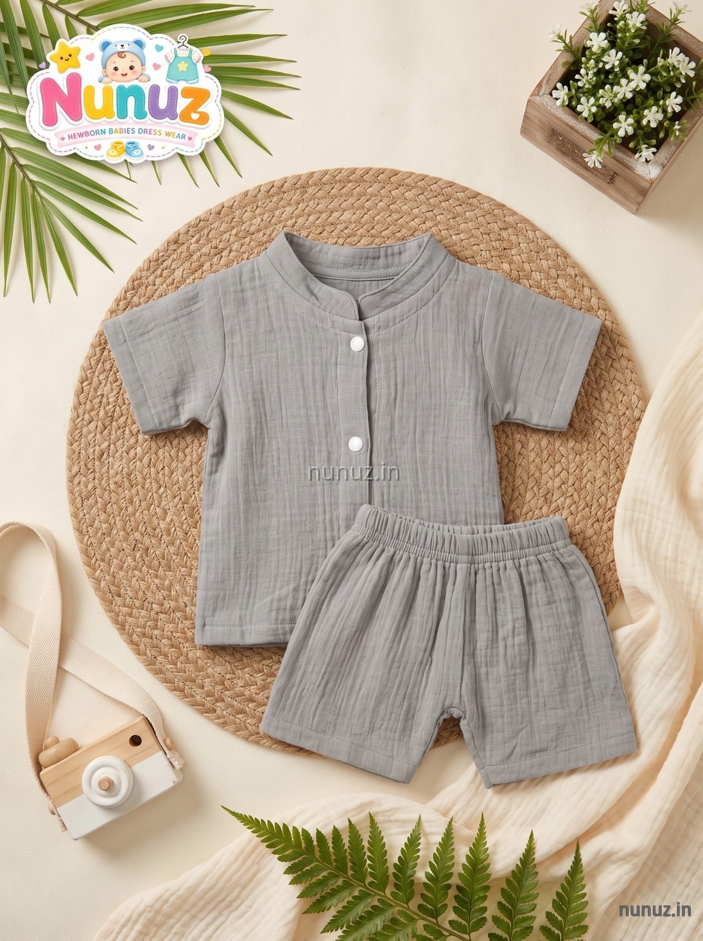 Boys Muslin Cotton Mandarin Collar Shirt & Shorts -Grey