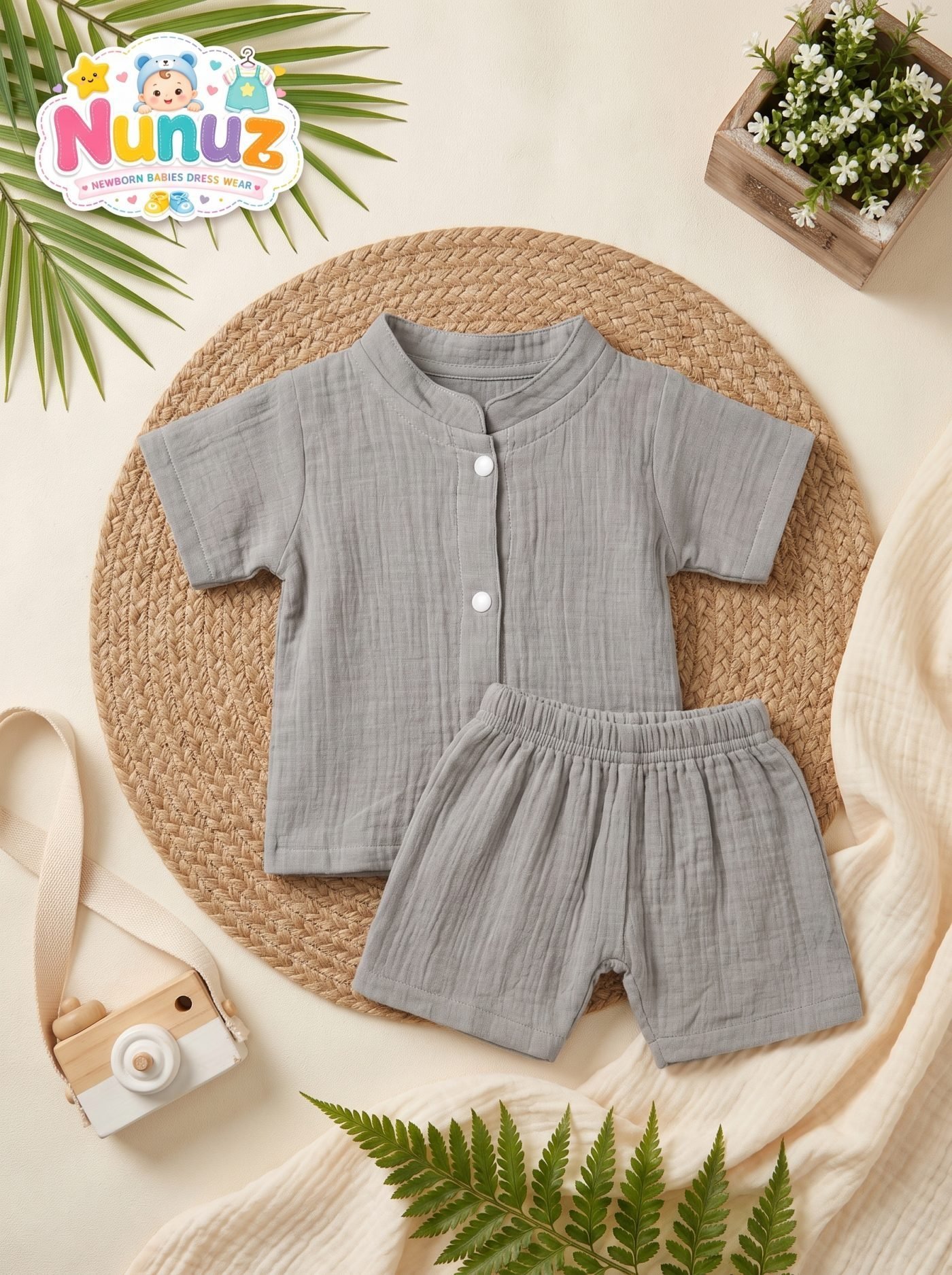 Boys Muslin Cotton Mandarin Collar Shirt & Shorts -Grey
