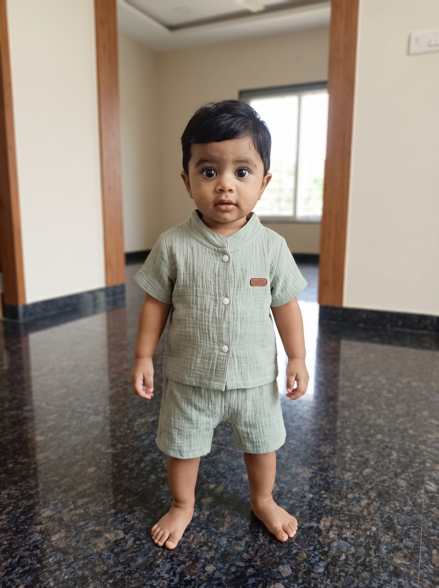 Boys mint green cotton muslin shirt and shorts
