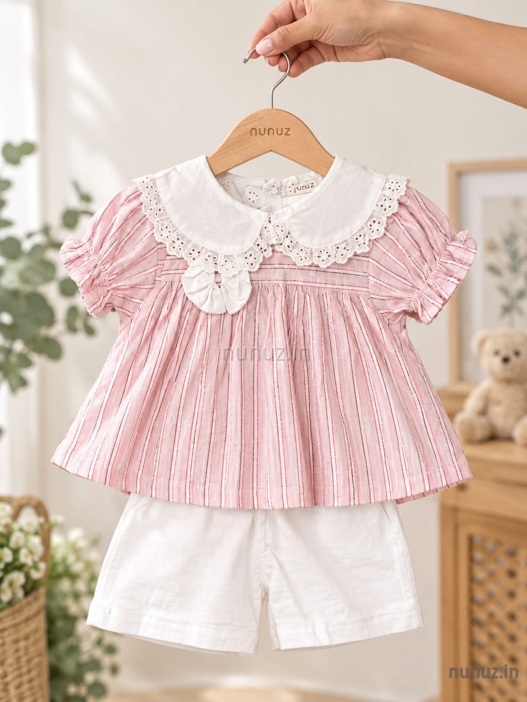 Pink & White Cotton Baby Girl Top with Lace Collar & White Shorts Set