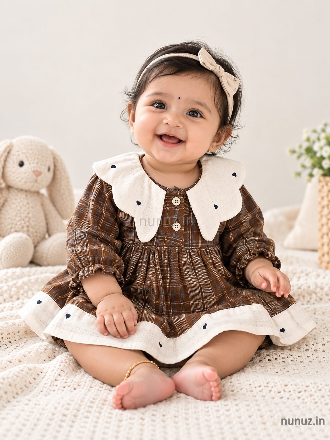 Brown Plaid Baby Girl Frock with Peter Pan Collar & Heart Details | 3–9 Months