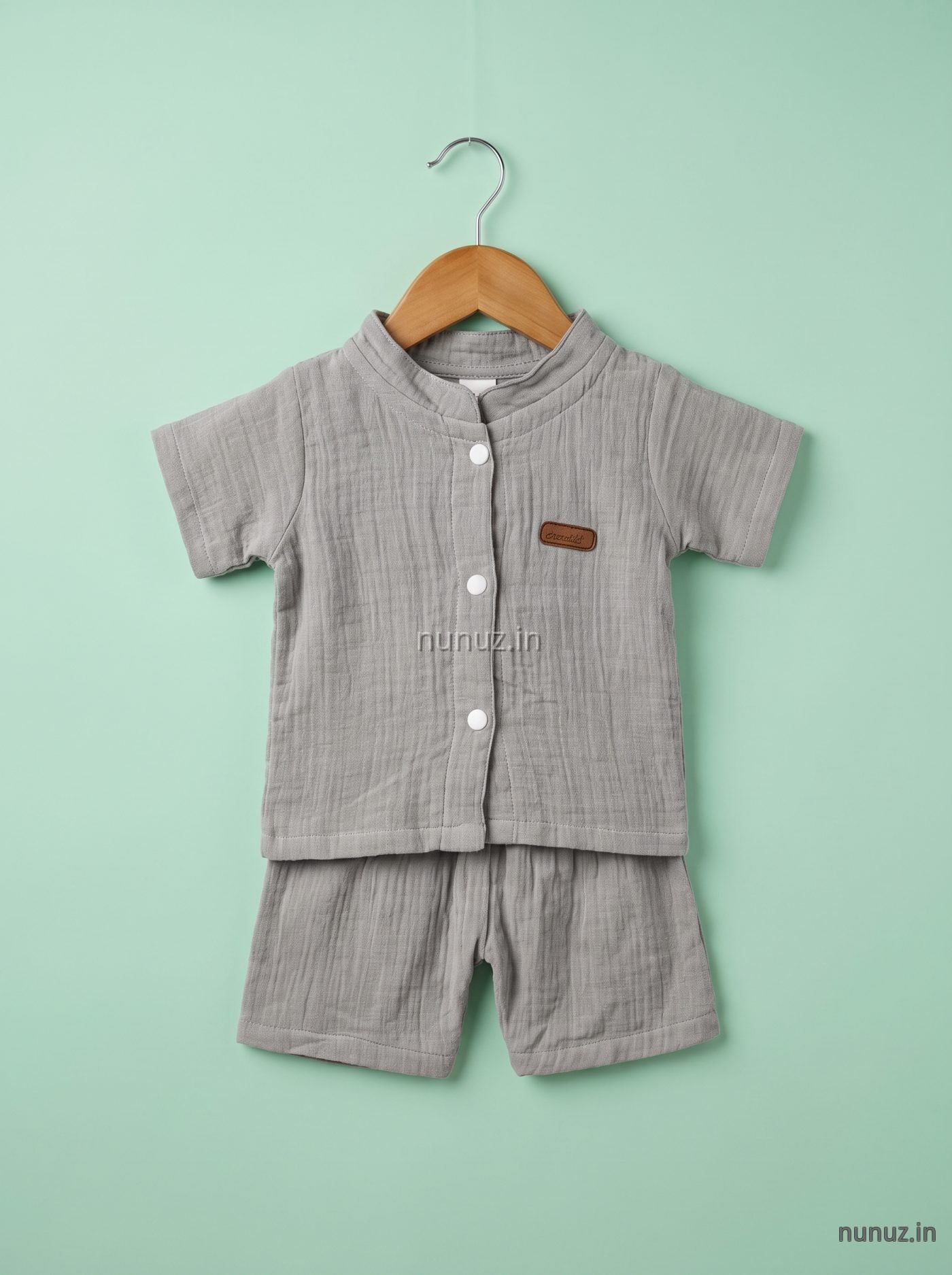 Boys Muslin Cotton Mandarin Collar Shirt & Shorts -Grey