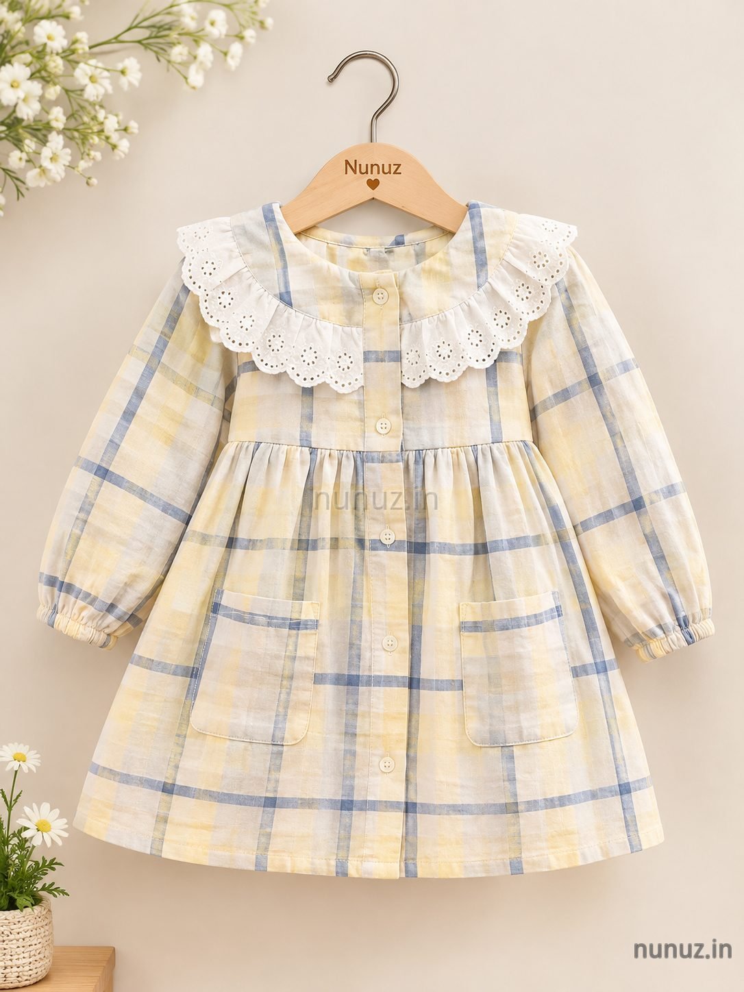 Cotton Plaid Dress with Embroidered Lace Ruffle Collar | Full Sleeve Dress